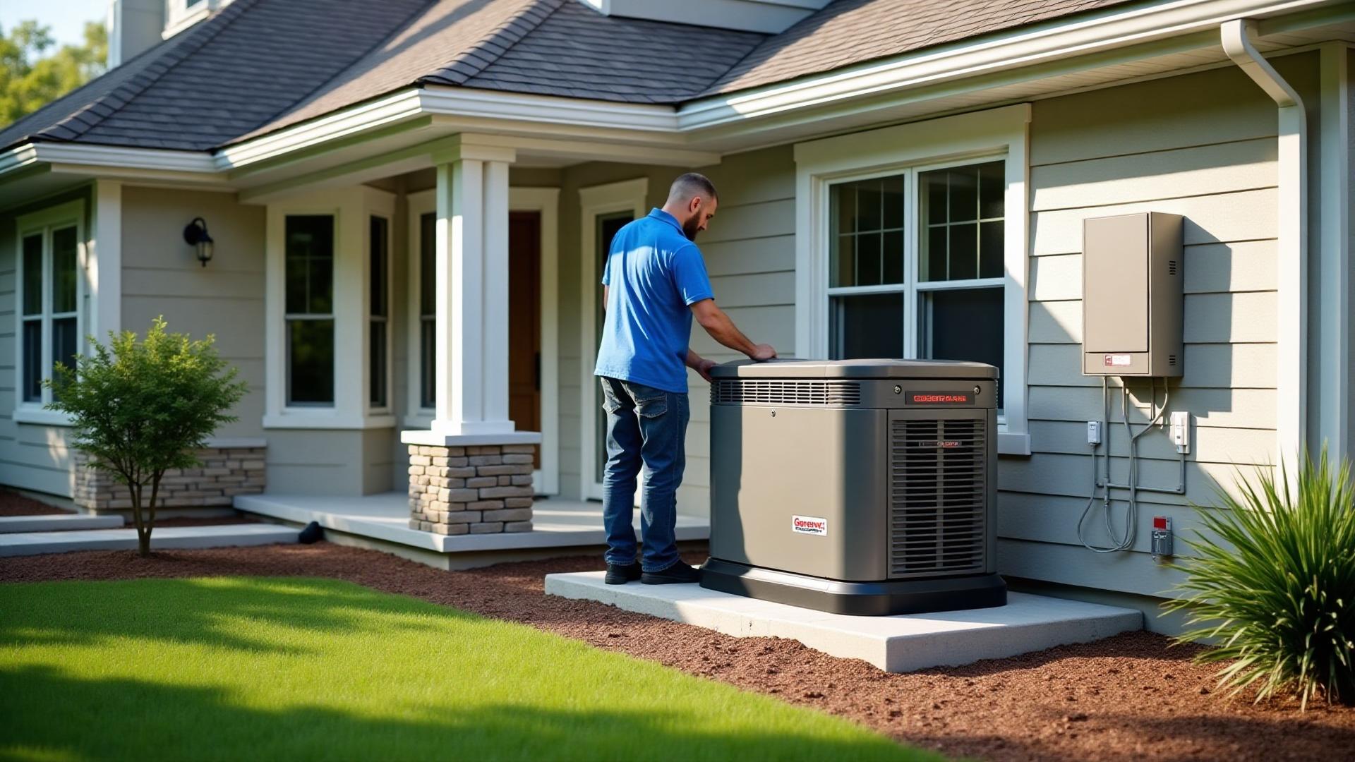 Generator installation in progress - whole home backup power system being installed by professional contractor