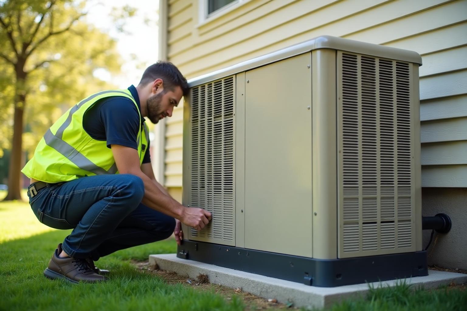 Professional generator technician installing Generac whole-home standby backup power system at residential property