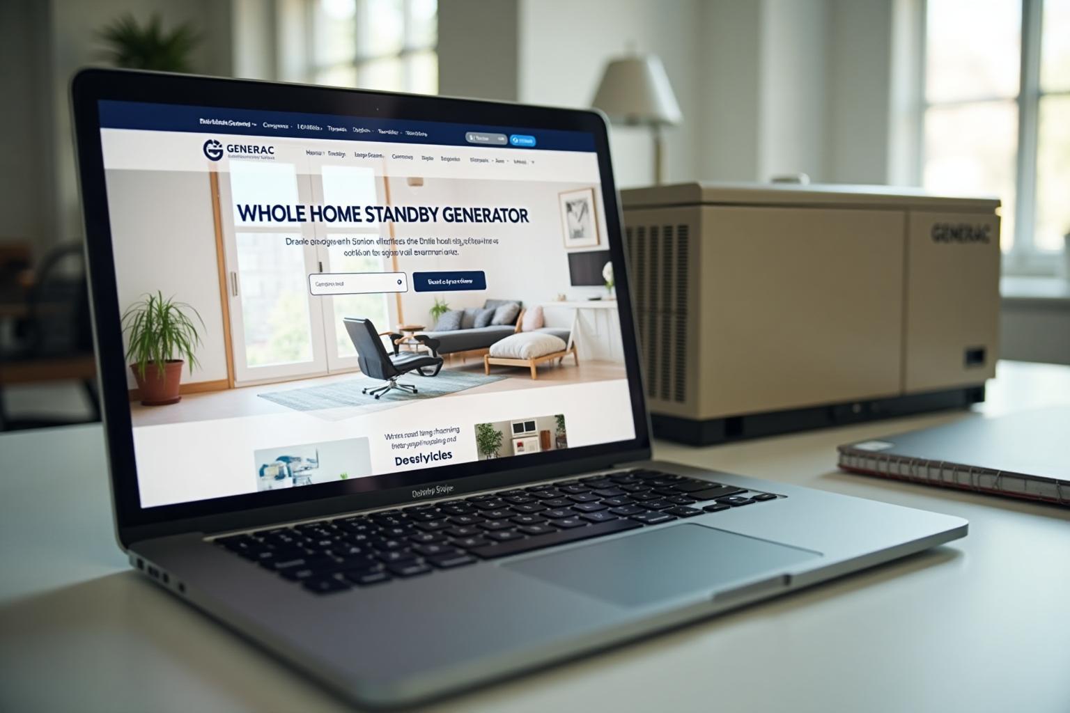 Smart generator installer website displayed on a laptop showing whole home generator installation services and lead capture tools